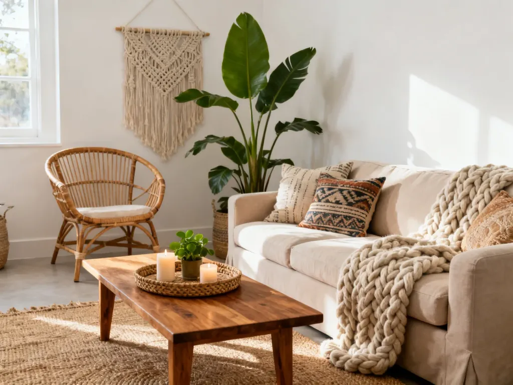 Przytulny salon w stylu boho z beżową sofą, stolikiem z drewna, roślinami, makramą na ścianie i naturalnym, ciepłym oświetleniem.