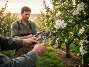 Kobieta trzyma skórkę banana nad doniczkową rośliną, przygotowując naturalny nawóz w słonecznym ogrodzie.