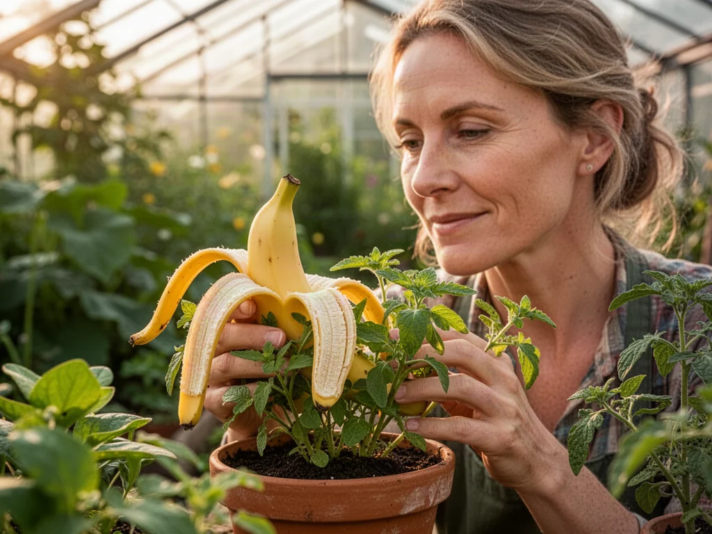 Kobieta trzyma skórkę banana nad doniczkową rośliną, przygotowując naturalny nawóz w słonecznym ogrodzie.